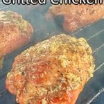 Cowboy butter chicken thighs on a grill - text overlay.