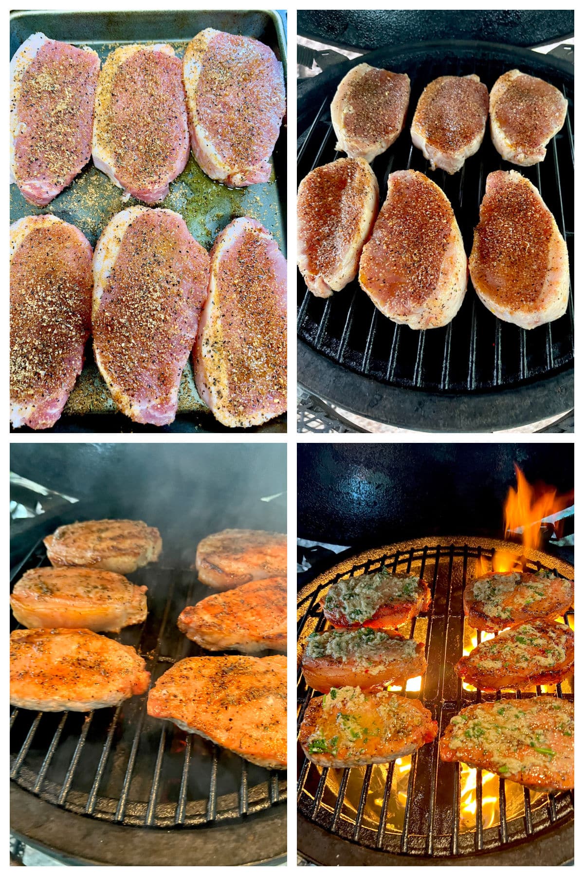 Collage grilling pork chops with cowboy butter.