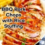 BBQ pork chops on a plate, sliced - text overlay.