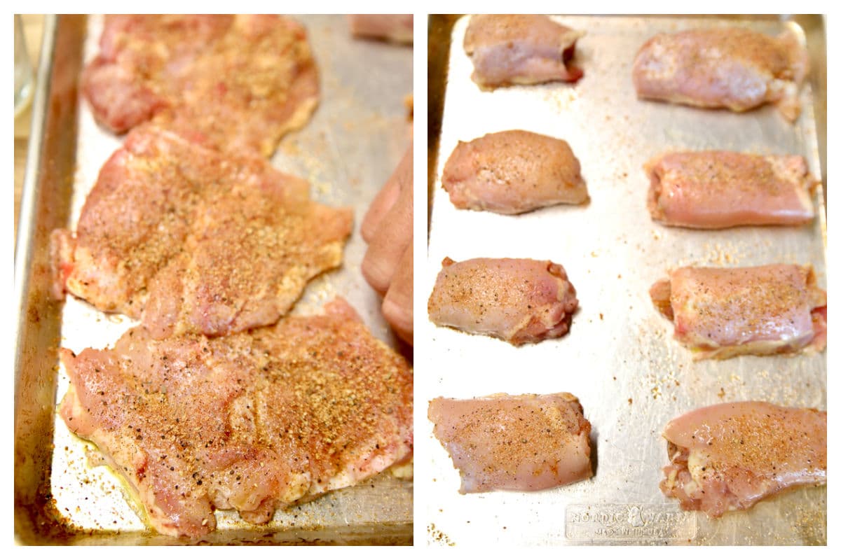 Seasoned chicken thighs, rolled up.