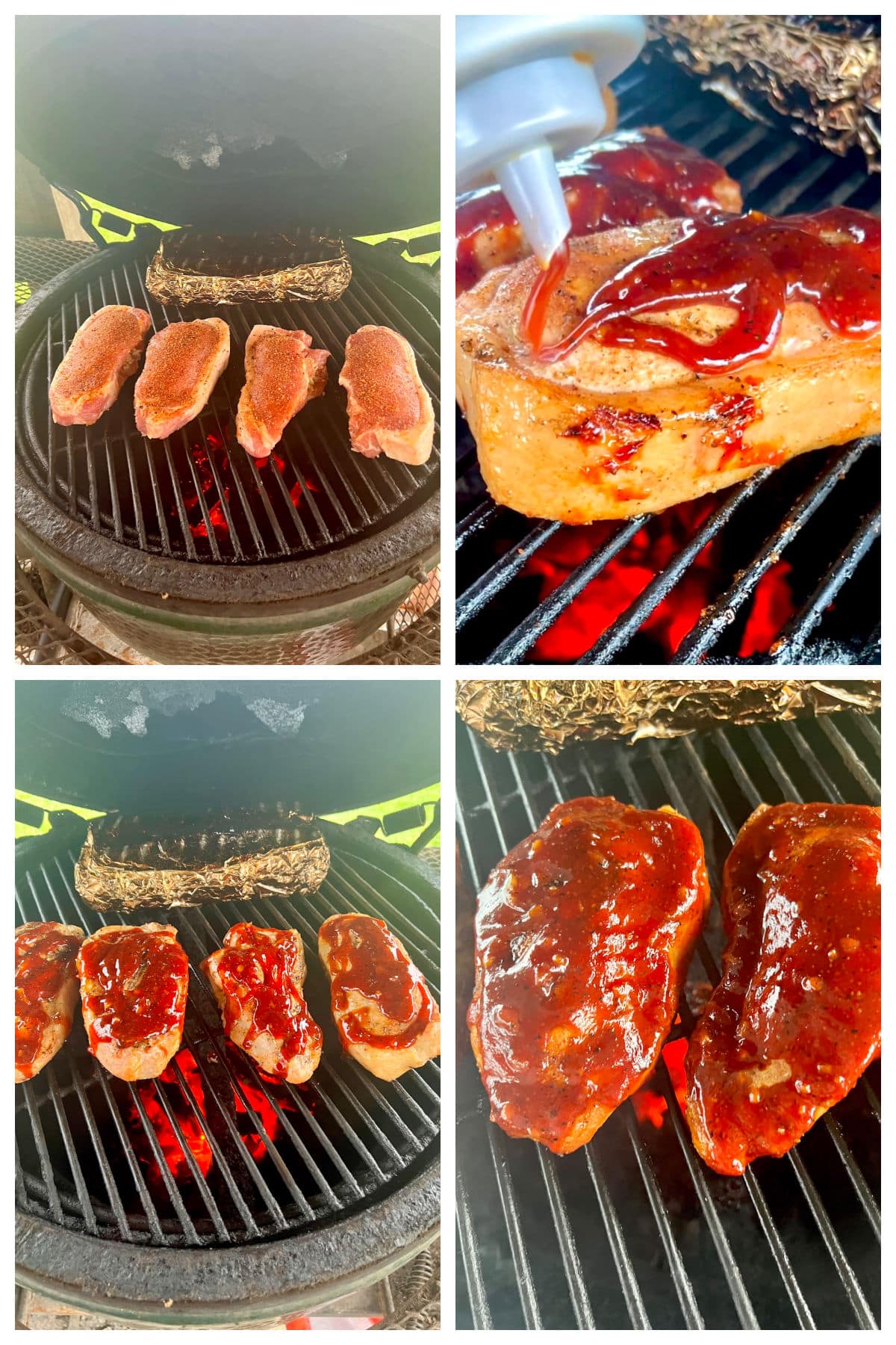 Collage: grilling stuffed pork chops with bbq sauce.