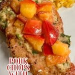 Grilled pork chop with peaches - text overlay.