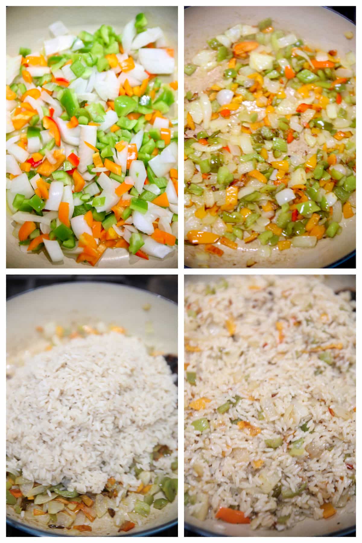 Making rice pilaf with bell peppers and onions.