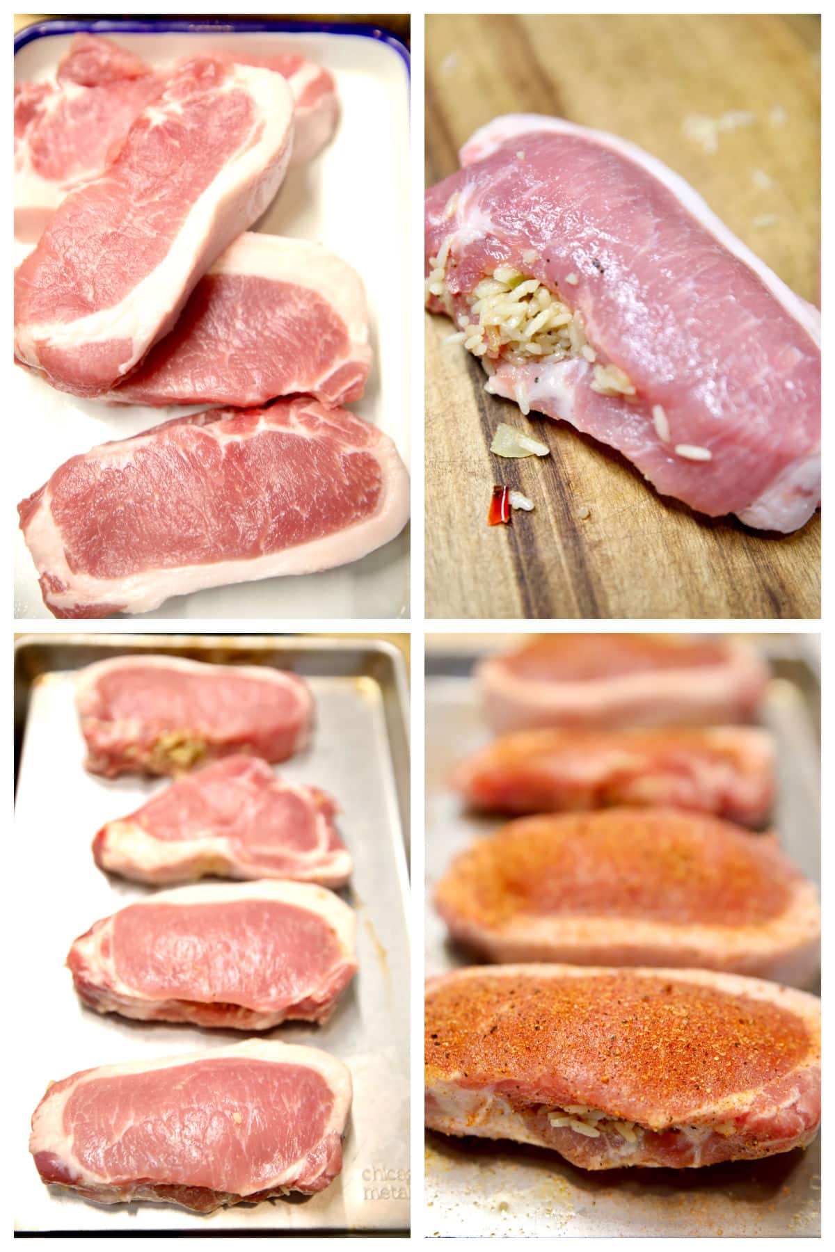 Collage: Stuffing pork chops with rice, seasoning for grilling.