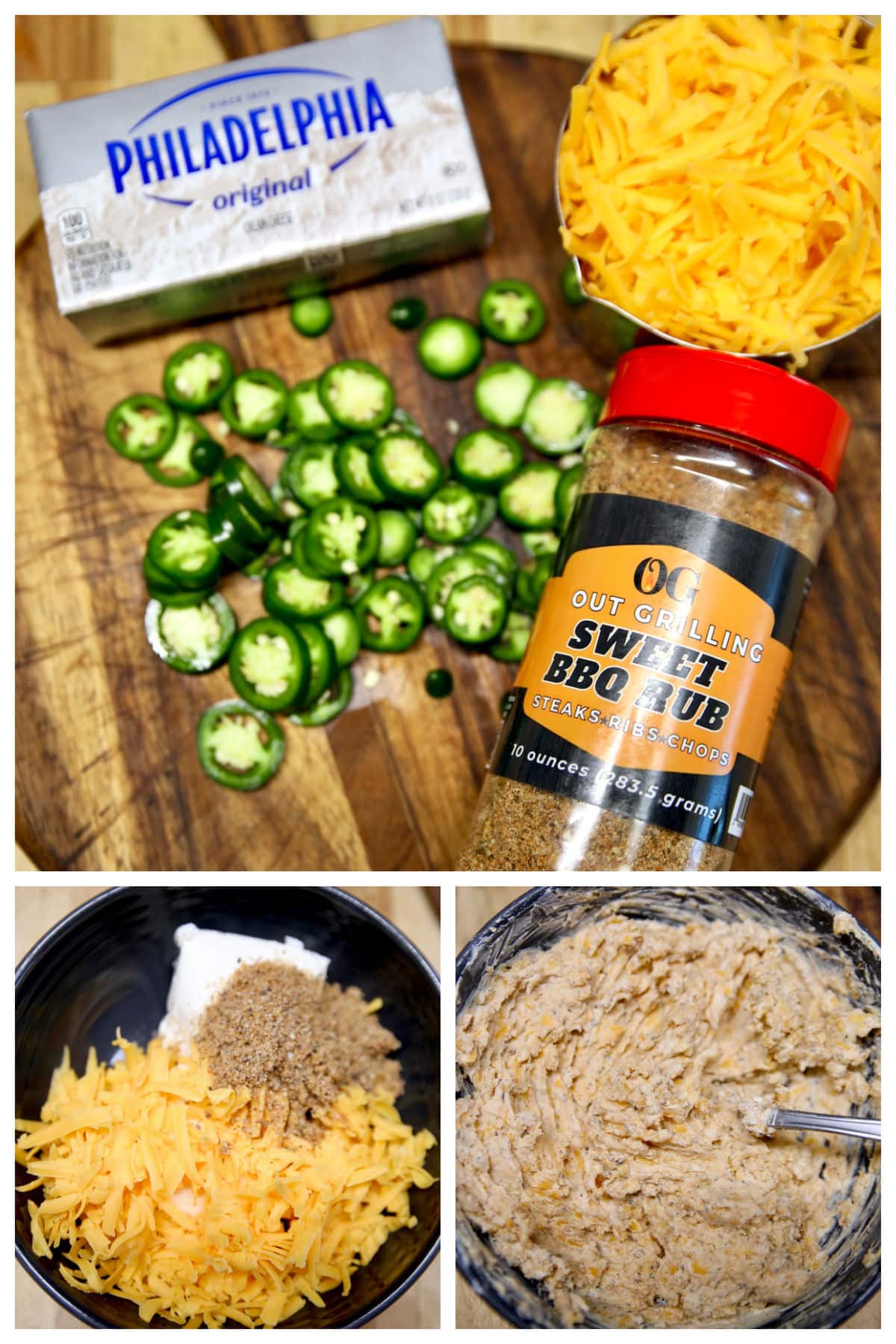 Collage: ingredients for jalapeno popper filling, mixed in a bowl.