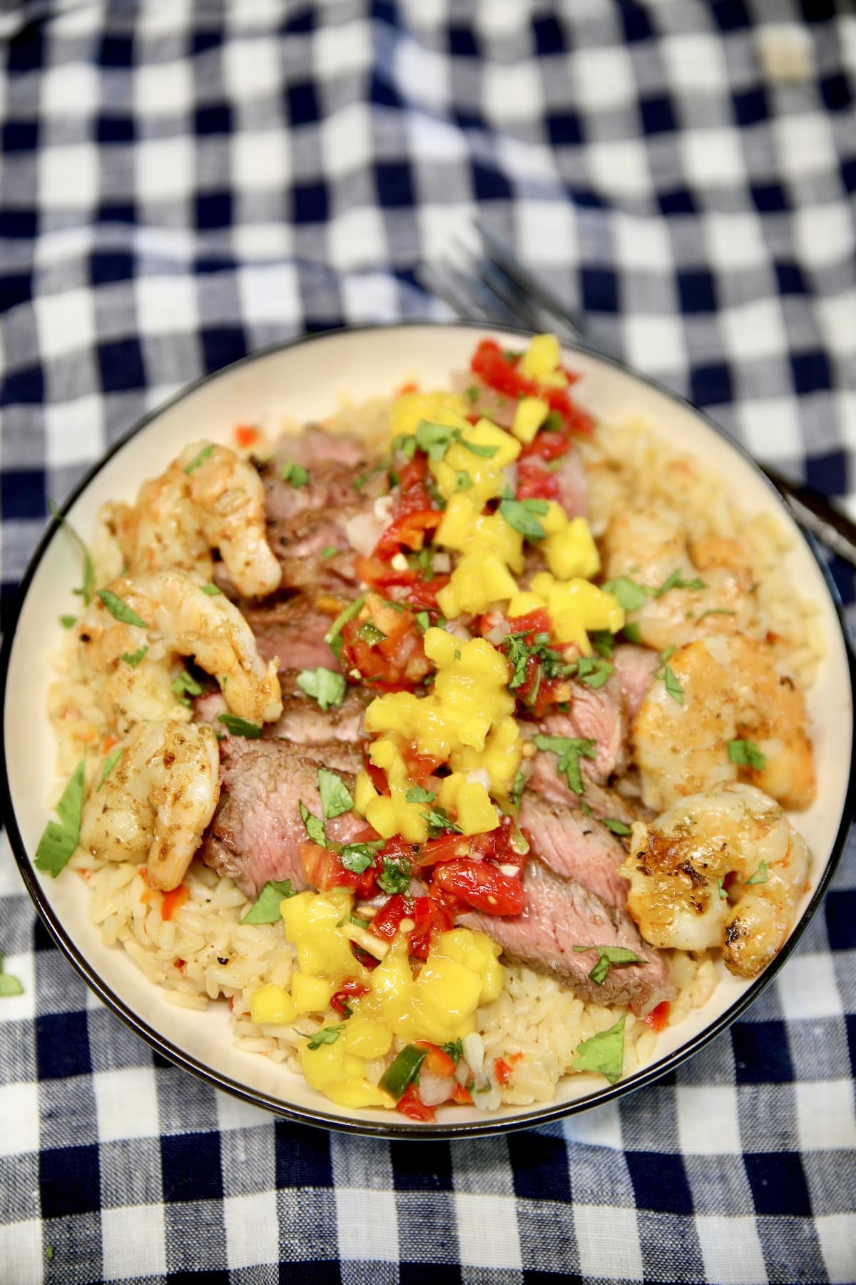 Rice bowl with steak, shrimp and salsa.