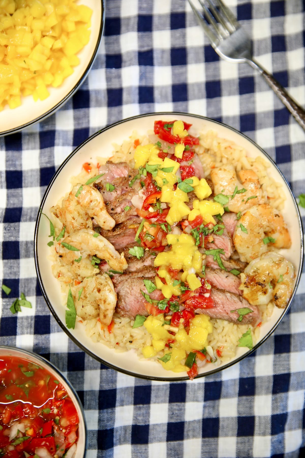 Rice bowl with steak, shrimp and mango.