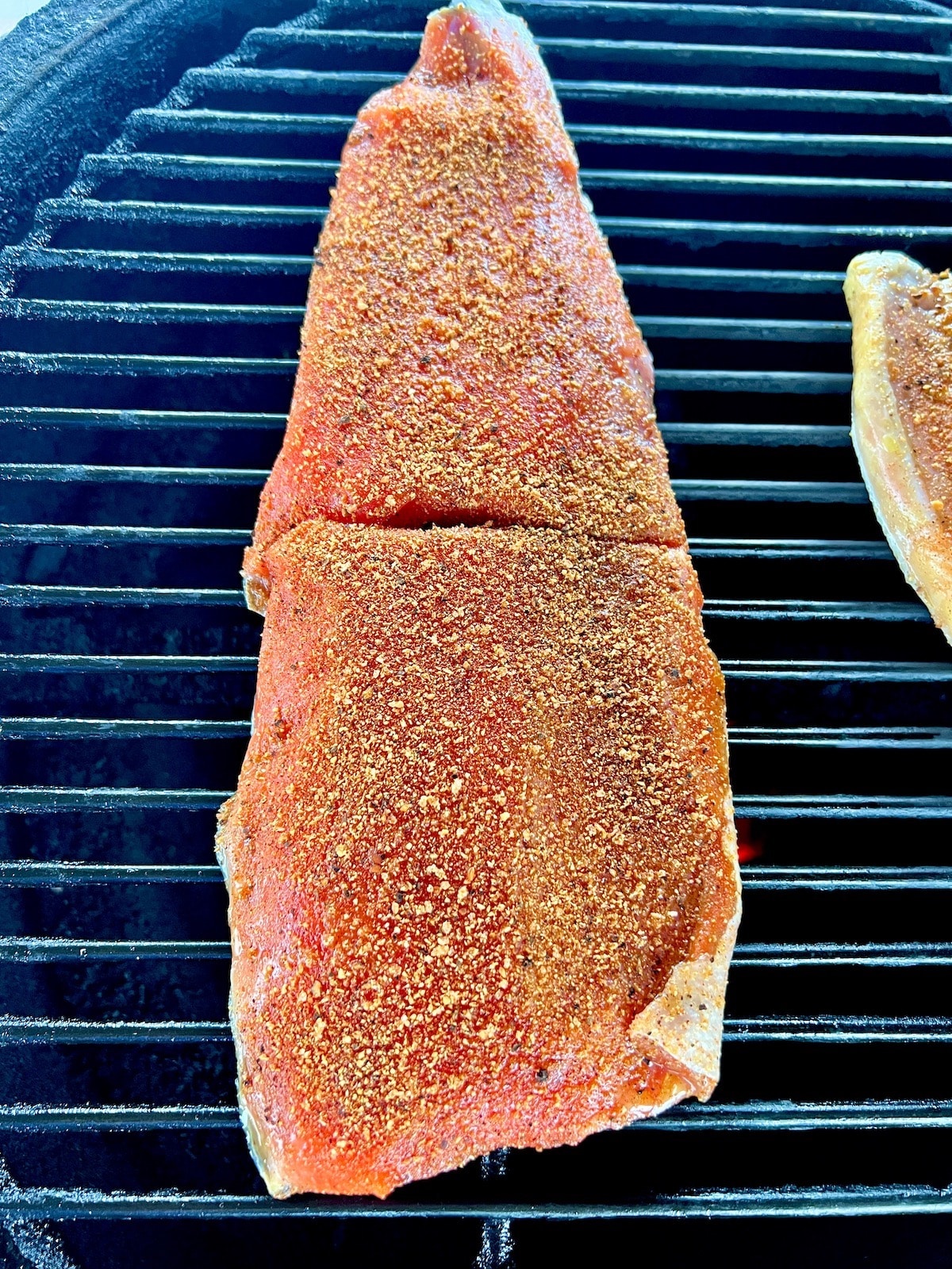 Salmon on a grill.