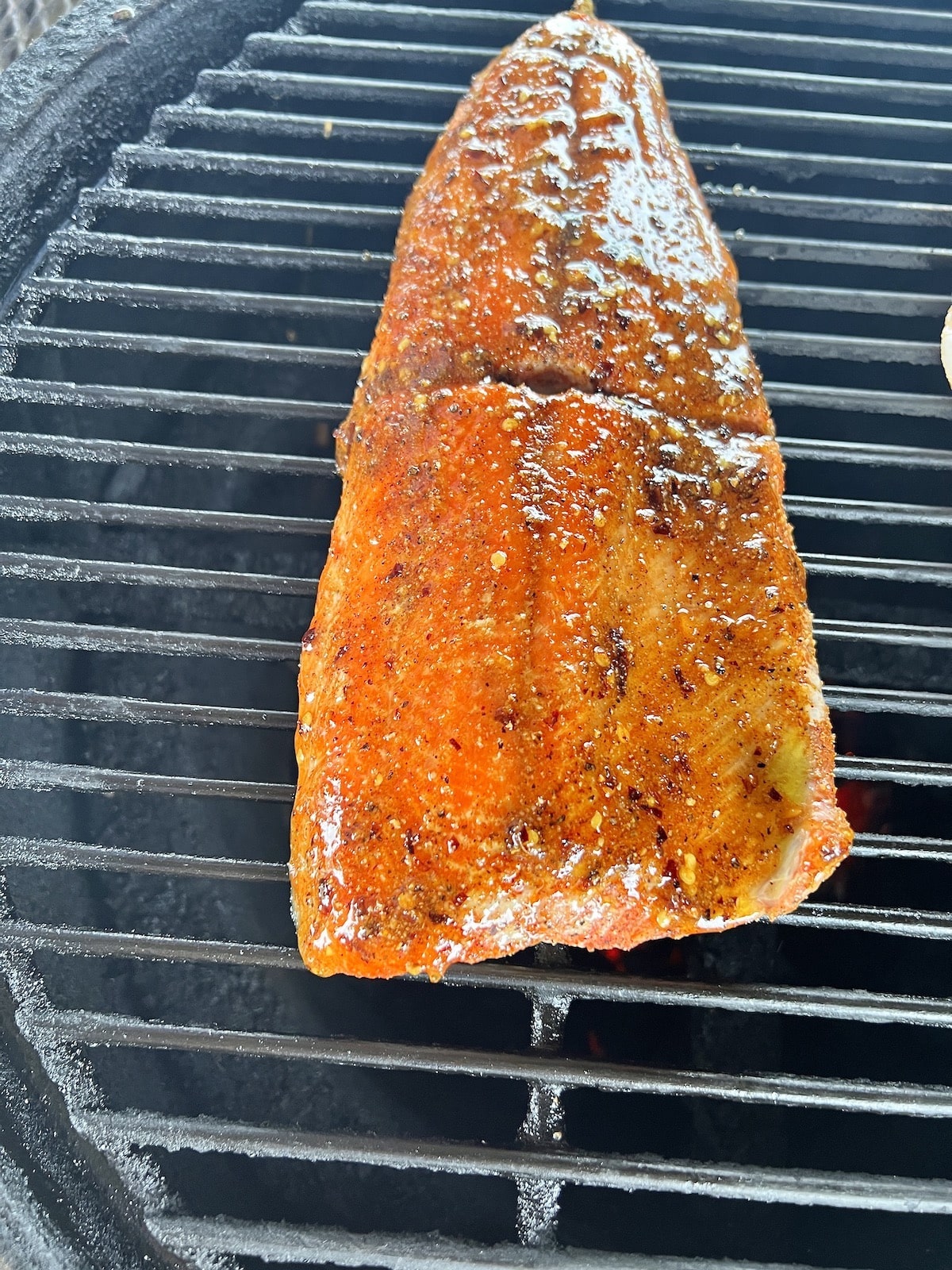 Grilling salmon on Big Green Egg. 