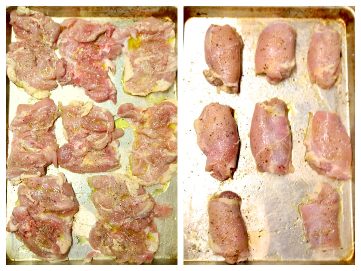 Raw chicken thighs, seasoned, rolled up.