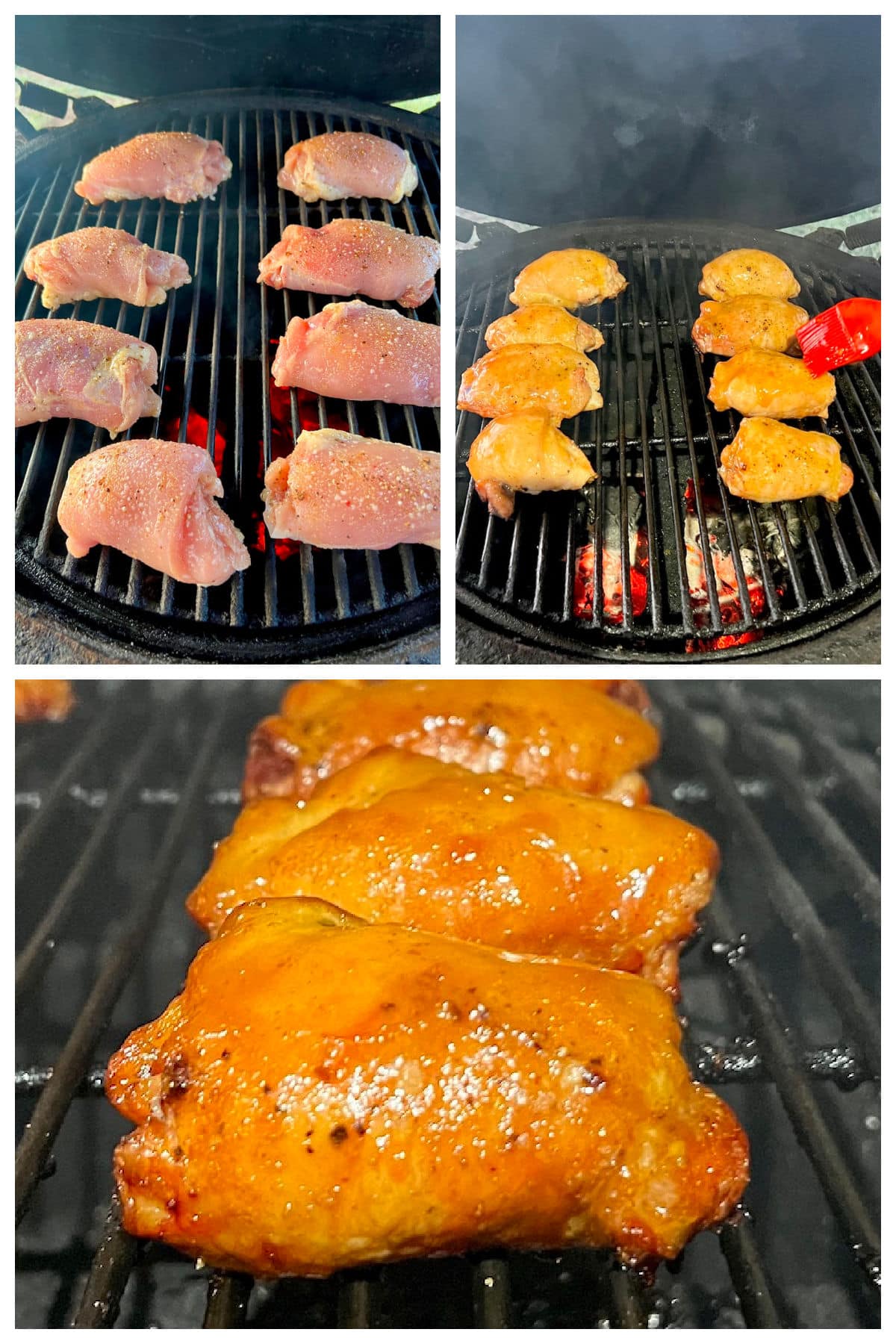 Collage: grilling chicken thighs, brushing with orange sauce.