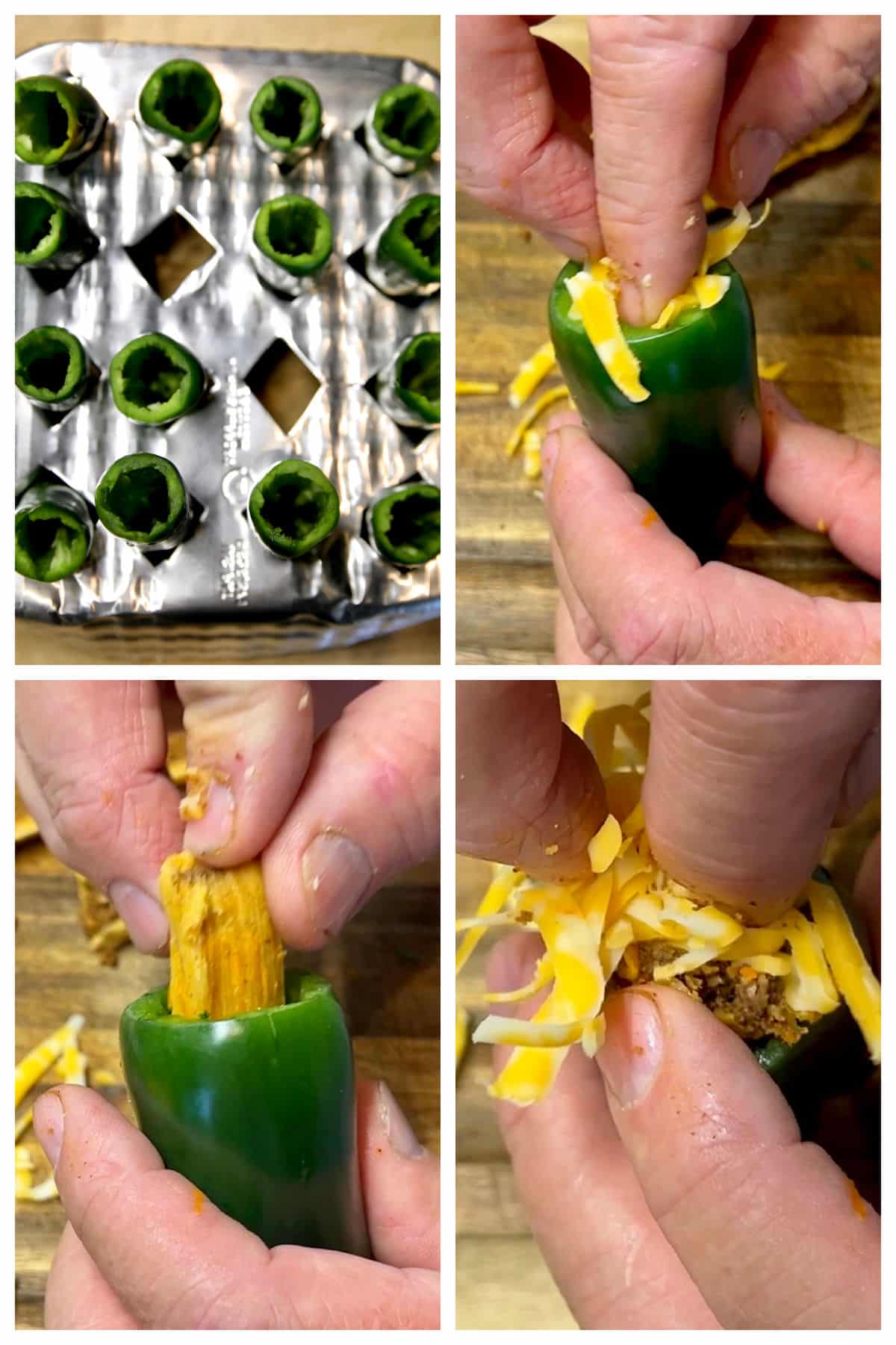 Collage stuffing jalapenos with cheese and tamales.