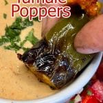 Jalapeno Tamale Poppers dipping into sauce - text overlay.