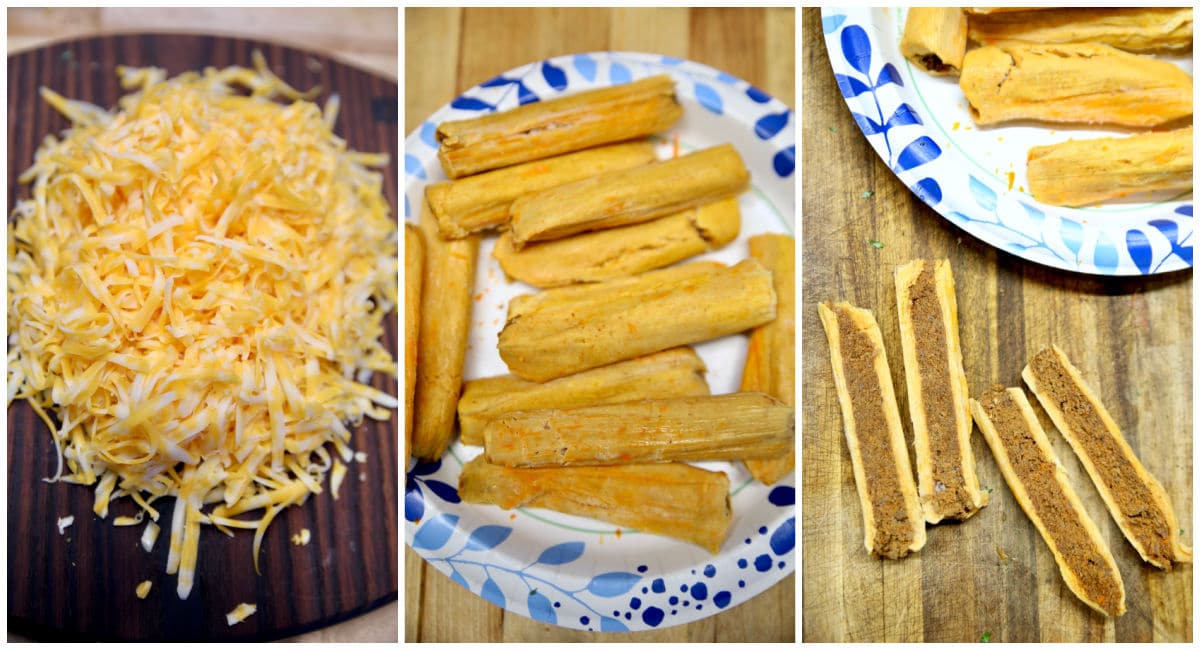 Collage of shredded cheese, tamales.