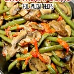 Green beans and mushrooms on a platter - text overlay.