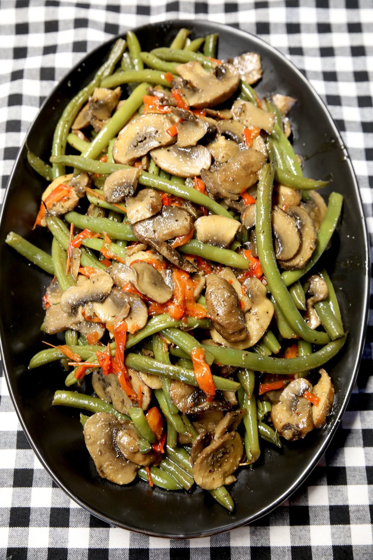 Green Beans and mushrooms on a platter.