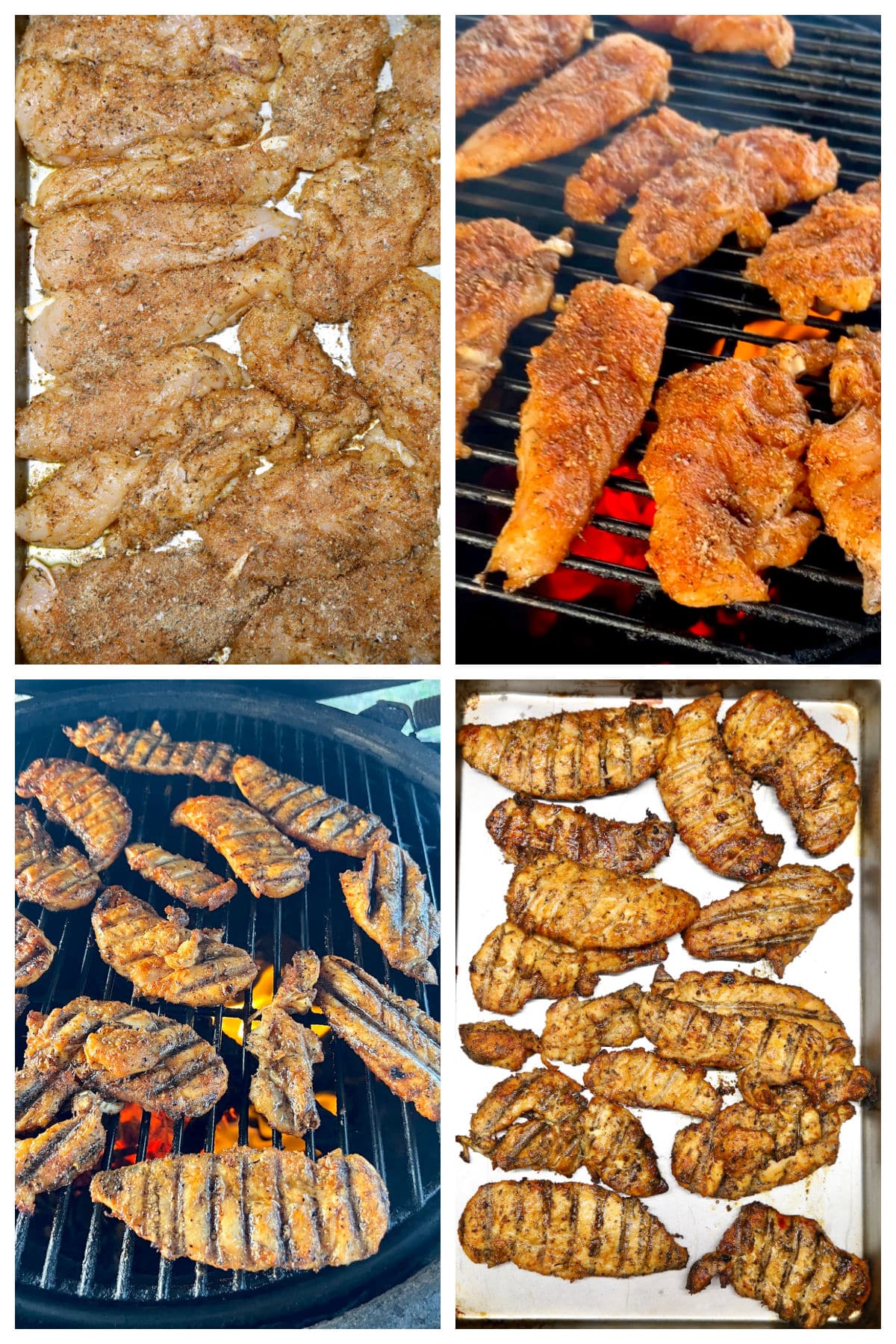 Collage: chicken tenders, seasoning, grilling, on a platter.