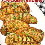 Plate of grilled chicken - text overlay.