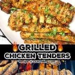 Grilled chicken tenders collage: plated/on the grill.