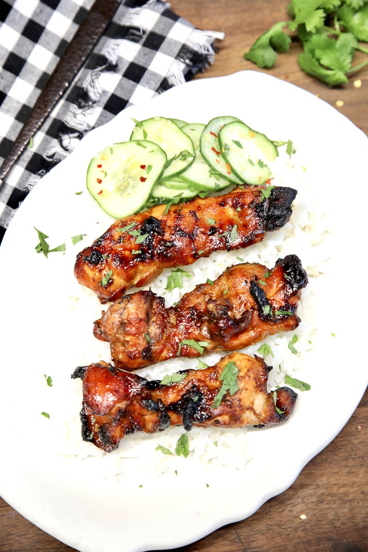 Korean BBQ Chicken on a plate with rice.