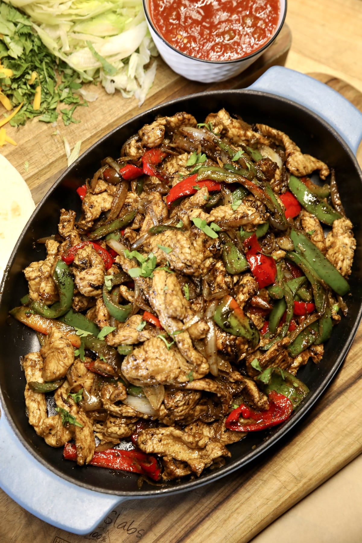 Turkey fajitas with easy marinade. Platter of turkey fajitas.