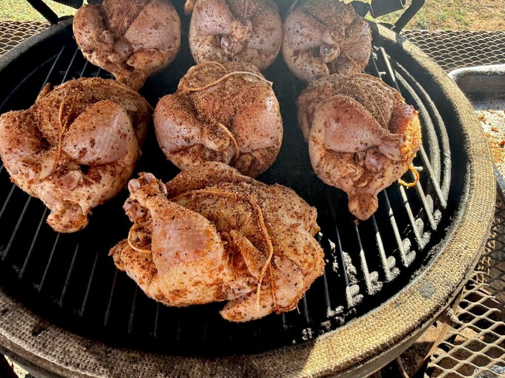 Cornish hens on a Big Green Egg grill.