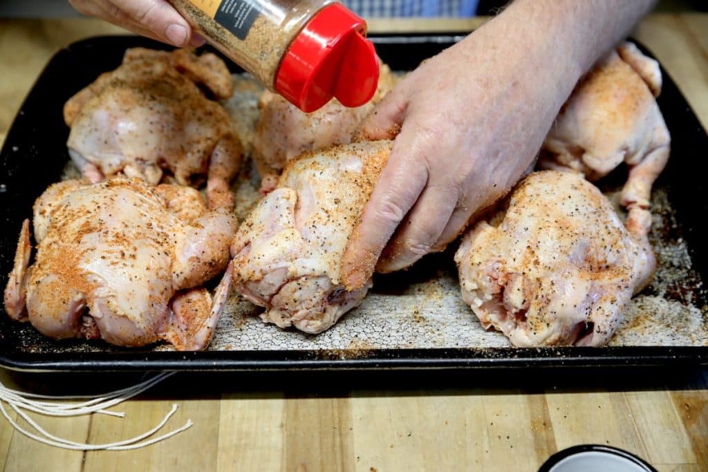 Seasoning Cornish hens with grilling rub.