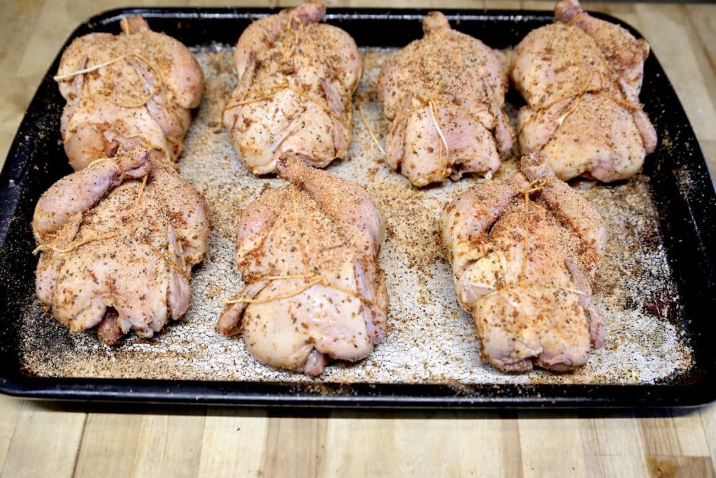Seasoned and tied Cornish hens.