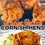 Collage of Cornish Hens with Orange marmalade glaze.