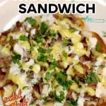 Roast beef and gouda sandwich with text overlay.