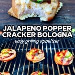 2 images of bologna grilling appetizer - finished/ on the grill.
