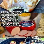 3 images of jalapeno popper cracker bologna/ingredients/on the grill.