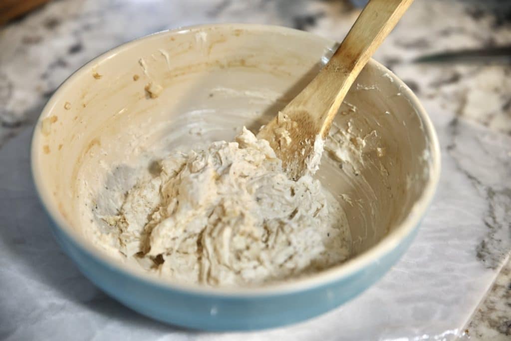 Cream cheese mixture for stuffed poblano peppers.