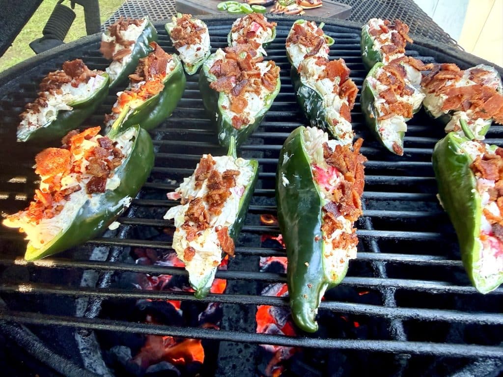 Crab stuffed poblanos on the grill.