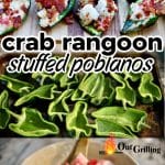3 photos: Crab rangoon stuffed poblano peppers - poblanos, imitation crab in bowl.