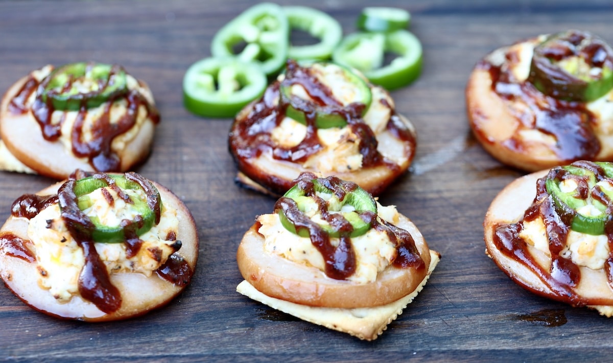 Bologna crackers with cream cheese and bbq sauce.