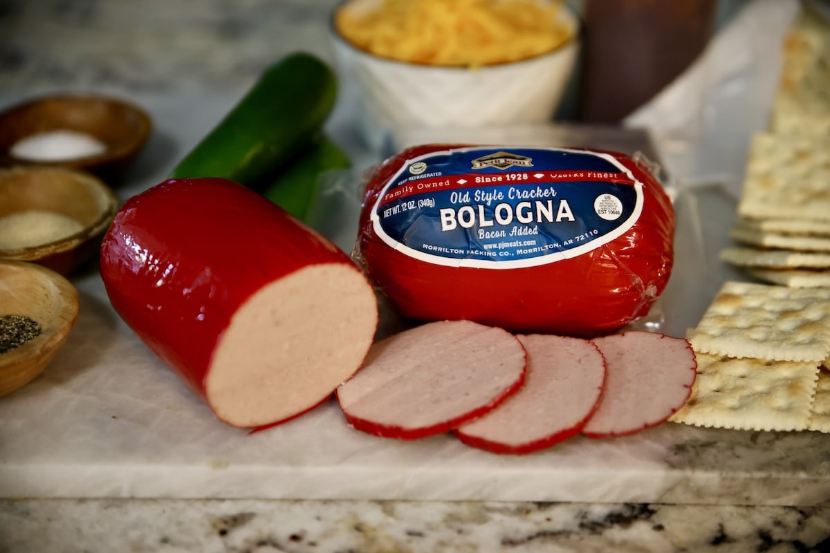 Petit Jean Cracker bologna with ingredients for appetizer.