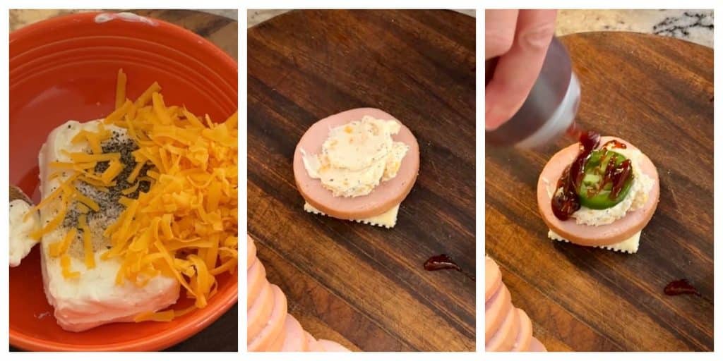 Making bologna cracker appetizer with cream cheese, cheedar cheese