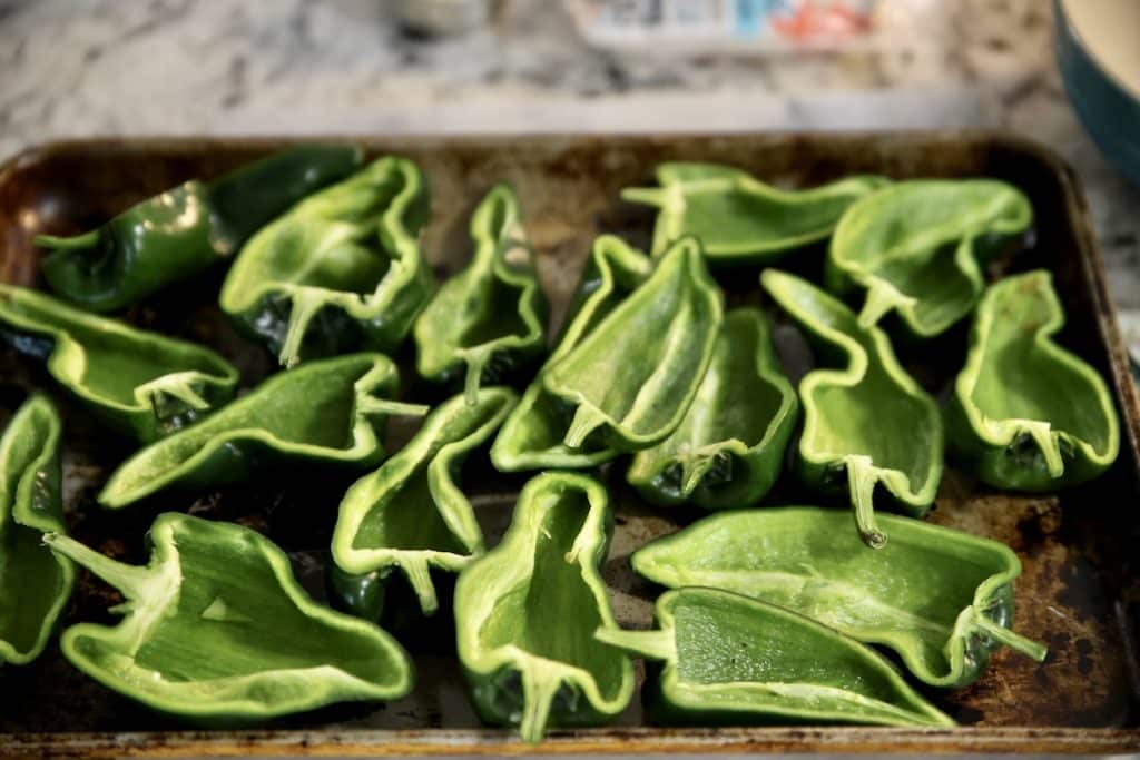 Poblano peppers cut in half for stuffing.