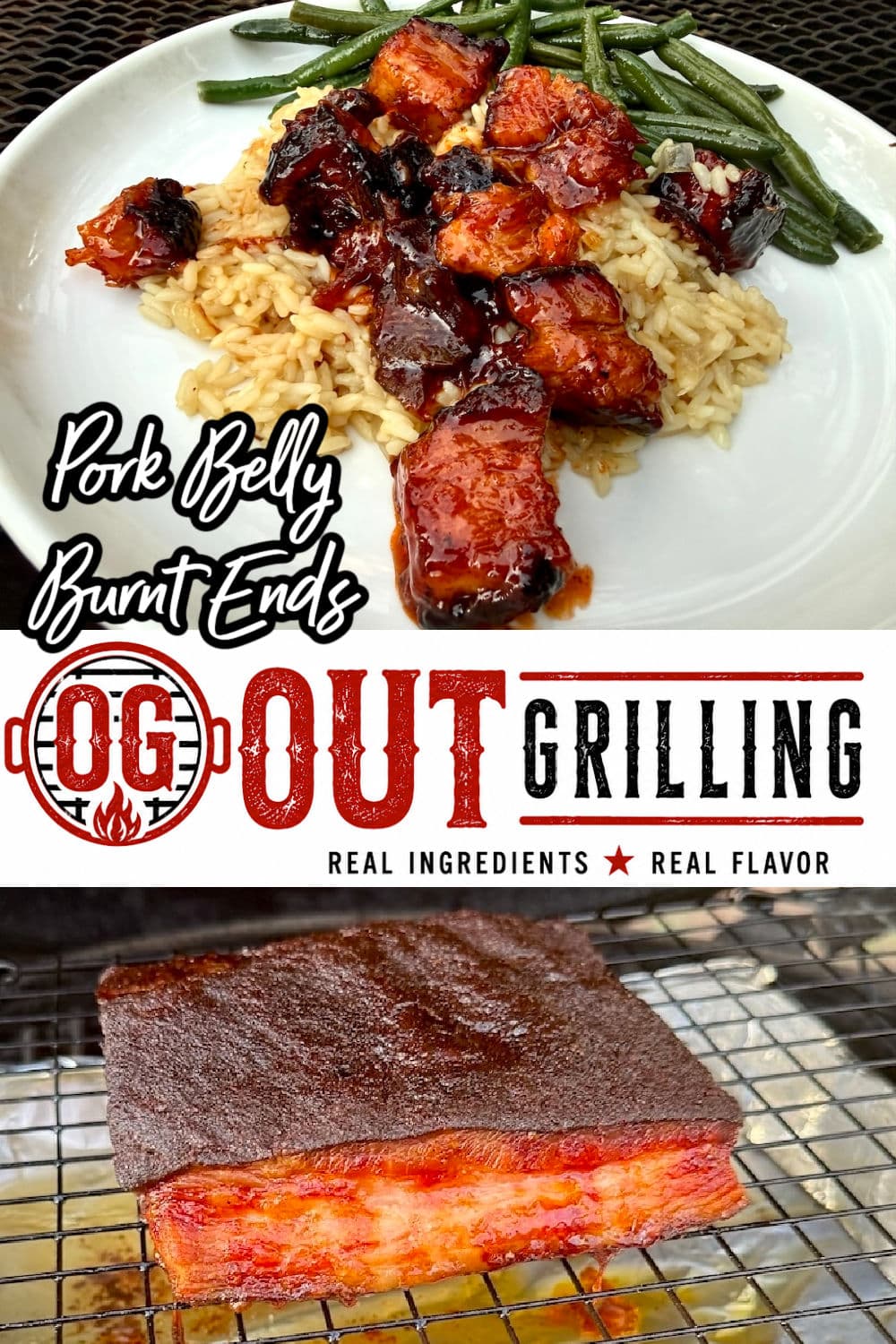 Collage of plated pork belly burnt ends/whole pork belly on grill.