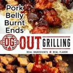 Pork Belly Burnt Ends collage: plated/with sauce.